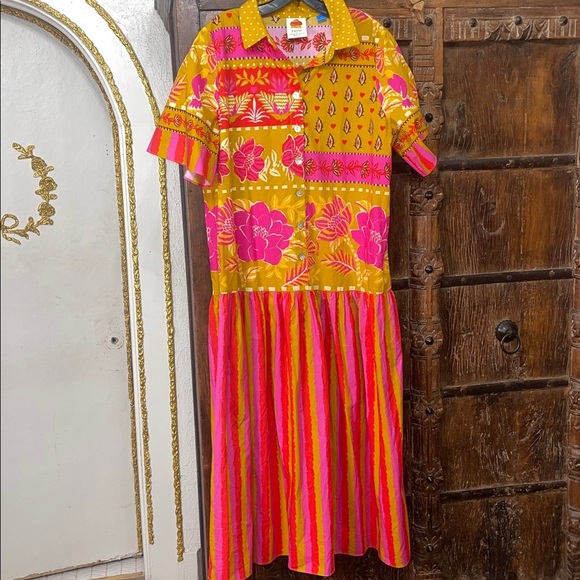 Farm Rio Floral Striped Shirtdress Size L Yellow Pink Maxi Missing Belt - Picture 4 of 9